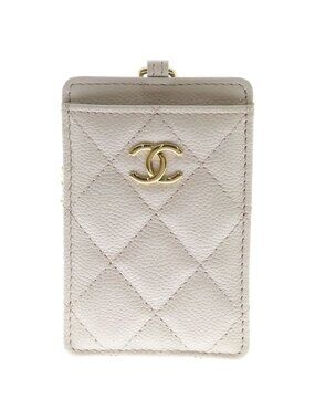 Chanel CC Logo Quilted Caviar Leather Gold Chain Card Case Pass Case Beige